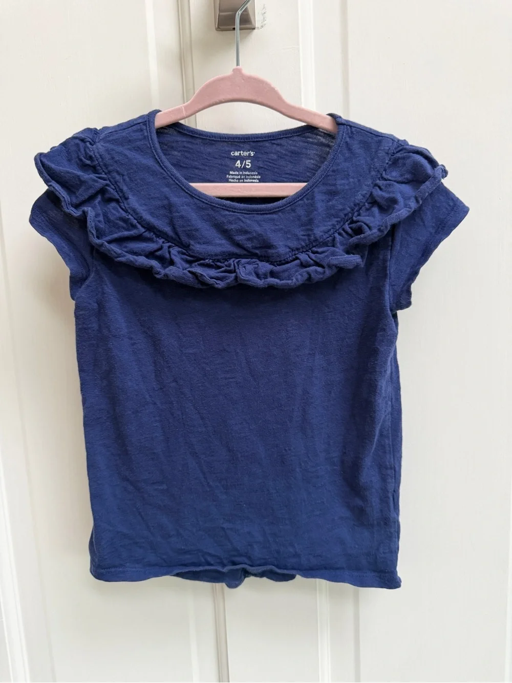 Carter's Girls 4 5 Navy Blue Ruffle-Trim Short Sleeve Tee Shirt Top Blouse
